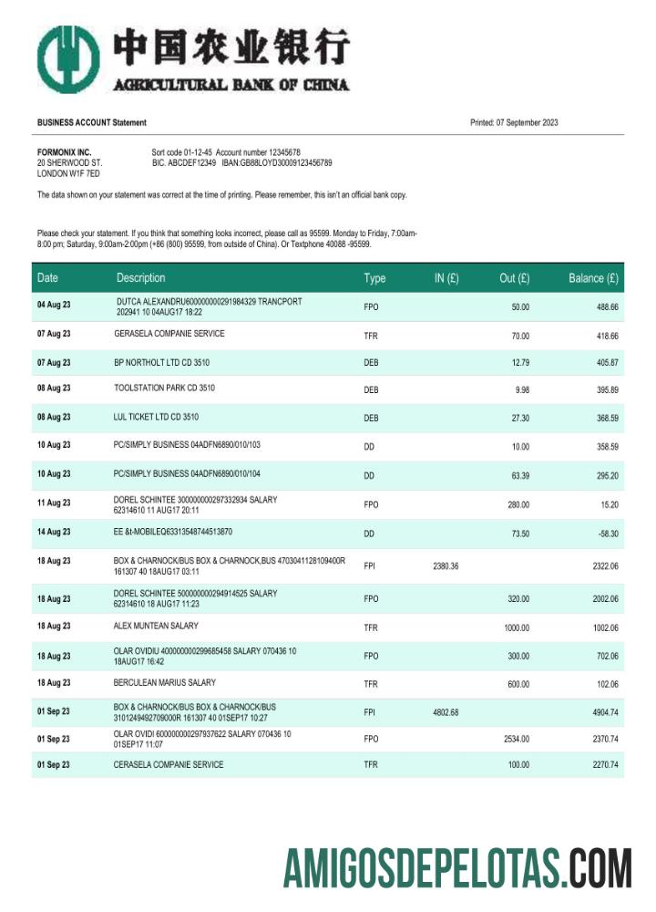 Imprimível Modelo Word e PDF de extrato de conta comercial do Banco Agrícola da China